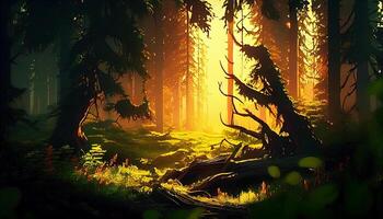 skog landskap i höst, mystisk och skön ,generativ ai foto