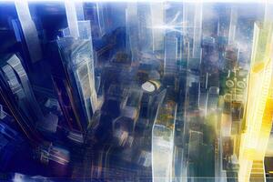 trogen stadsbild på natt med lysande skyskrapor ,generativ ai foto