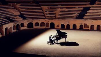 musiker spelar piano på skede med skicklighet ,generativ ai foto