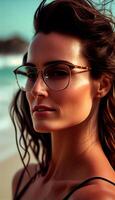 ung, skön caucasian kvinna i solglasögon utsöndrar sensualitet ,generativ ai foto