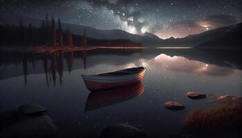 natt himmel över lugn berg sjö speglar stjärnor ,generativ ai foto