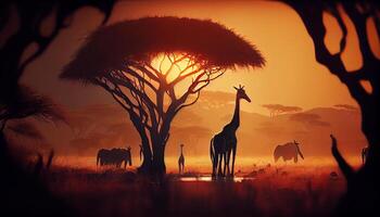 silhuett av giraffer bakgrundsbelyst förbi solnedgång himmel ,generativ ai foto