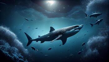 under vattnet natur blå tropisk rev och hajar ,generativ ai foto