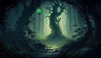 läskigt skog på natt, full av mysterium ,generativ ai foto