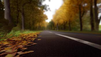 höst skog, gul löv, lugn lantlig väg ,generativ ai foto