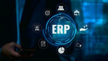 hand Rör ikon eRP företag resurs planera systemet moln integration, automatisering, och analys finansiell förvaltning, bokföring, tillförsel kedja förvaltning virtuell skärm. foto