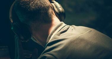 män lyssna musik använder sig av trådlös hörlurar foto