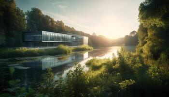 lugn scen av en skog äng på solnedgång, reflekterande skönhet genererad förbi ai foto