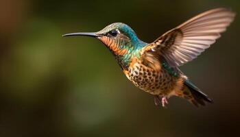 kolibri svävande, spridning vingar, iriserande, mång färgad, pollinerande blomma genererad förbi ai foto