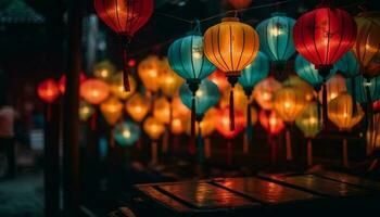 kinesisk lyktor hängande i de mörk, lysande vibrerande färger genererad förbi ai foto