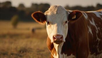 holstein nötkreatur betning på en grön äng på solnedgång genererad förbi ai foto