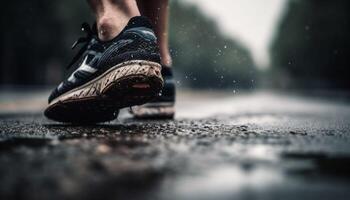 muskulös idrottare löpning i de regn med sporter skor på genererad förbi ai foto