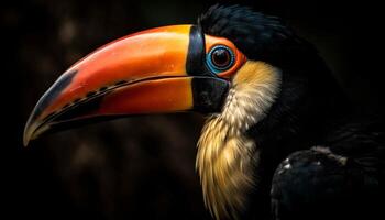 toco toucan perching på gren, ser på kamera med näbb genererad förbi ai foto
