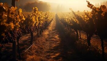 Sol kysste vingård, mogen vindruvor för vinframställning genererad förbi ai foto