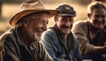 leende seniors njut av fritid aktivitet i natur genererad förbi ai foto