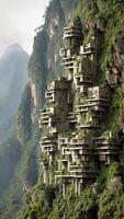 landskap av ett övergiven brutalist byggnad strukturera byggd på bergig regnskog terräng - generativ ai illustration foto