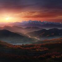 realistisk berg se på solnedgång, ai genererad. foto