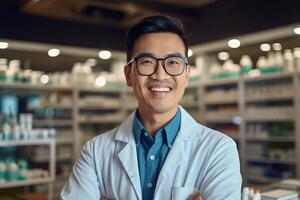 porträtt apotek officer leende självsäker ai generativ foto