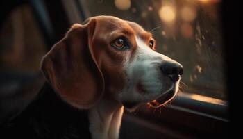 söt valp beagle ser på kamera utomhus genererad förbi ai foto