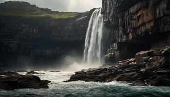 majestätisk vattenfall strömmande över klippig klippa i lugn skog miljö genererad förbi ai foto