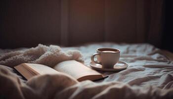 mysigt sovrum, varm kaffe, litteratur, och avslappning i modern lägenhet genererad förbi ai foto