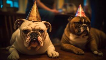 söt bulldogg valp firar födelsedag med familj inomhus genererad förbi ai foto