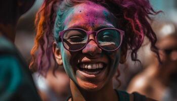 grupp av sorglös ung vuxna njut av musik festival genererad förbi ai foto