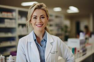 porträtt en skön apotek officer leende självsäker ai generativ foto