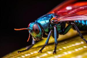 porträtt makro insekt på de blad ai generativ foto