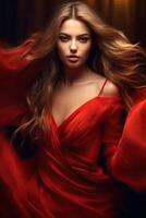 porträtt en skön modell bär röd kläder ai generativ foto
