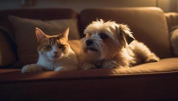 charmig terrier valp och fluffig kattunge tupplur tillsammans genererad förbi ai foto