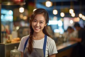 porträtt asiatisk servitris leende självsäker ai generativ foto