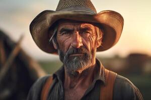 porträtt av ett gammal jordbrukare ai generativ foto