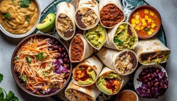 hög vinkel se av mexikansk lunch tallrik genererad förbi ai foto