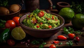 färsk guacamole och tomat dopp på rustik trä genererad förbi ai foto