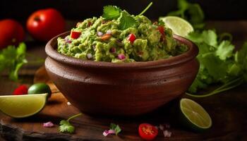 färsk guacamole sallad med organisk grönsaker och örter genererad förbi ai foto