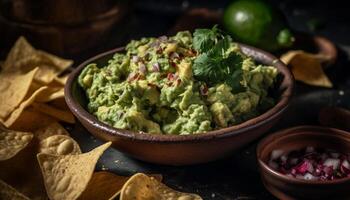 färsk guacamole dopp med knaprig tortilla pommes frites genererad förbi ai foto