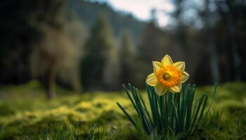 färsk daisy blomma i lugn äng landskap genererad förbi ai foto