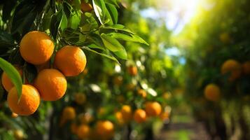 färsk orange på de plantage med ljus exponering ai generativ foto