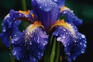 porträtt makro skön iris blomma med vatten droppar ai generativ foto