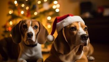 söt renrasig beagle valp Sammanträde förbi jul träd genererad förbi ai foto