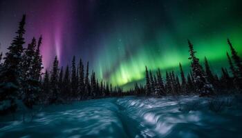 vinter- natt i arktisk skog, upplyst förbi vibrerande starlight genererad förbi ai foto