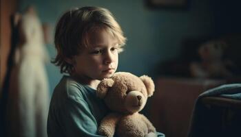 söt caucasian pojke spelar med teddy Björn i mysigt sovrum genererad förbi ai foto