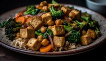 Vispa friterad vegetarian måltid med tofu och broccoli genererad förbi ai foto