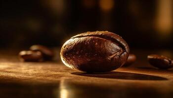 nyligen rostad kaffe bönor på rustik trä- tabell genererad förbi ai foto