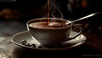 varm cappuccino på trä- tabell, ånga stigande genererad förbi ai foto