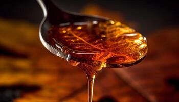 färsk honung häller från organisk burk, gyllene sötma genererad förbi ai foto