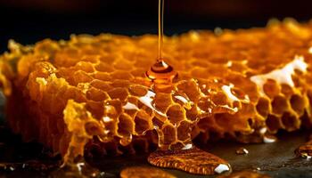 gyllene honung häller från vaxkaka, natur sötma genererad förbi ai foto