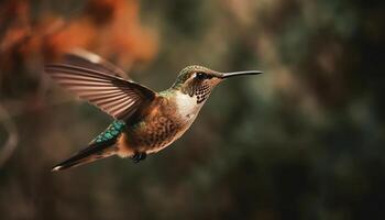 svävande kolibri klaffar regnbågsskimrande vingar mitten luft skönhet genererad förbi ai foto