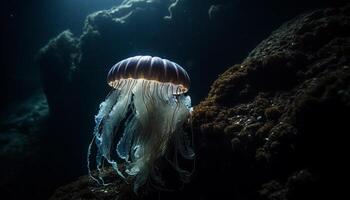 transparent nässeldjur tentakel sveda i under vattnet skönhet genererad förbi ai foto